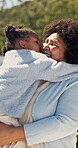 Love, grandmother or child with cheek kiss, happy moment or outdoor bonding with weekend visit. Tender, grandchild or black family in backyard with hug, security or connection in healthy relationship
