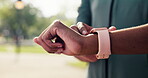 Smart watch, touch or hands in park for fitness, progress review or cardio monitoring in workout. Digital, space or woman outdoor with tech, performance check or training track for wellness goals.