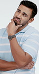 Man, thinking and shrug in studio with question, uncertain and problem solving with decision. Person, unsure and doubt on white background with choice, comparison and lost memory with reaction