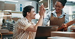 Laptop, happy team and high five in startup for shipping rate approval, export contract or fist pump. Tech, people or celebration in supply chain for customs clearance, backlog dispatch or bulk order