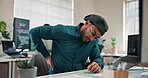 Programmer, technology and back pain with burnout, tired or bad posture of software engineer. Man, computer and coworking at workplace with sore muscle, exhausted or frustrated with coding job