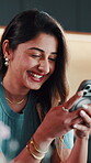 Woman, texting and laugh with phone in kitchen, internet search or communication with contact on app. Reading, funny chat and person with mobile, online and happy with social media post  in house