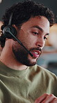 Headset, freelancer and talking with man in home for virtual assistant, feedback and planning. Online booking advisor, remote worker and communication support with person in house for update and chat