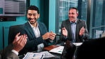 Manager, people and clapping in office with success, sales data or goals for customer retention rate. Happy, boss and team in business with applause, revenue graphs and celebration for profit stats.