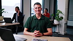 Professional, smile and face of business man in office for about us, advertising strategist and pride. Happy, growth marketing manager and opportunity with employee in coworking agency for startup