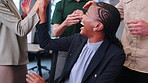 Employees, winning and happy woman with high five in office for achievement or teamwork together. Excited, female person or celebration with colleagues clapping for applause or good news in workplace