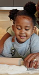 Happy, mother and child at house for baking, meal prep and teaching recipe for homemade pizza. Hands, African family and rolling pin in home with dough, culinary skills and ingredients for breakfast