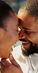 Love, smile or couple with forehead touch, happy partner or outdoor bonding in healthy relationship. Support, care and black people with security, spouse connection and romantic moment in backyard.