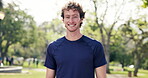 Fitness, face and man in park with laugh, positive attitude and workout hobby on weekend break. Happy, bokeh and athlete in nature with joke reaction, confidence and good mood in training activity.
