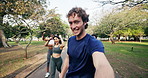 Face, man and people with selfie for fitness, influencer and live streaming for marathon success. Portrait, friends and celebrate at park with pov, vlogging race and content creator of sports victory