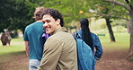 Face, man and students at park for education, new semester and ecology study for climate change. Portrait, smile and people in nature for university excursion, sustainable learning and ESG course