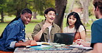 University students, online and friends with laptop, outdoor and discussion with research on campus. Happy people, talking and planning for assignment with tech, brainstorming and ideas at college