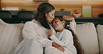 Happy, kiss and mom with girl on sofa for bonding, connection and healthy relationship in home. Family, house and mother with child embrace for affection, development and security in living room