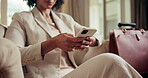 Phone, hands and travel with business person in hotel for conference itinerary, research and report. Corporate retreat, vip event and tradeshow hospitality with employee in lodge for online update