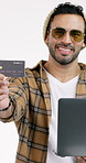 Credit card, laptop and face of man in studio for online shopping, payment and purchase. Portrait, white background and person with computer, digital banking and show debit info for ecommerce or sale