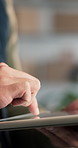 Logistics, typing or hands in office with tablet, order track or export feedback in supply chain. Distribution, man or warehouse clerk with tech, cargo update or delivery progress on courier platform