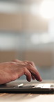 Hands, person and typing at startup with laptop, stock availability and confirm order for delivery. Owner, email and supplier in warehouse with pc, supply chain and update pricing for online shipping