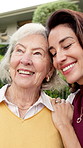 Outdoor, neighborhood and woman with senior mom for dream house, thinking and property investment. Happy, real estate and person with elderly parent for purchase, new home and bonding in front yard