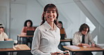 Face, professor and woman in classroom with tablet, college lecture group and research for education. Happy, mature person and lecturer in university with tech, knowledge and about us for faculty.