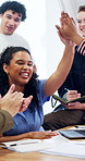 College, applause or group in class with high five, academic victory or good grade on assignment. Clapping, happy people or student with laptop, university achievement or success on team assessment.