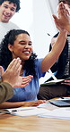 College, clapping or team in classroom with high five, academic victory or good grade on assignment. Happy, people or student with applause, university achievement or success on group assessment.