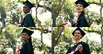 Thinking, people and diploma outdoor for graduation, growth mindset or happy reflection of success. Montage, graduate and future vision on campus for transition, certificate achievement and milestone