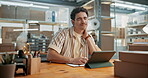 Shipping, man and neck pain in office with tension, pressure or posture problem in courier facility. Tablet, burnout or supply chain manager with muscle cramp, overworked and massage for relief
