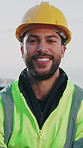 Construction, face and man outdoor with helmet, contractor and about us in building renovation. Portrait, happy and engineer with ppe hardhat, site developer and confidence in remodeling industry.