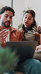 Love, couple and talk on sofa with laptop, explain startup proposal or venture progress with support. Entrepreneur, people and hug with tech in home for small business plan, pitch update and bonding