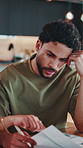 Couple, stress and document for home finances of people with debt, loan application and tax return. Technology, problem or banking statement with expenses, living cost and budget for mortgage