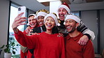 People, selfie and happy in office for Christmas, staff party and social media update for company. Employee, team and tech in agency for photography, xmas event or celebration at end of year for post