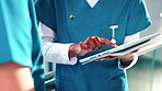 Teamwork, nurses or hands with tablet in hospital for medical advice, research and telehealth app. Surgeons, technology and internet connection at clinic with discussion of results, people and plan