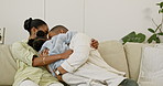 Happy, parents and child in home with hug, bonding together and quality time for family connection. Black people, mother and father in lounge with daughter, embrace and love for development of kid.