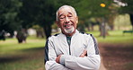 Laugh, face and senior man in park fitness, exercise and laugh for wellness, health and fresh air. Retirement, portrait and mature Asian person outdoor for break, crossed arms and workout in morning