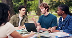 College students, education and friends with laptop, outdoor and discussion with research on campus. Happy people, studying and planning for assignment with tech, conversation and ideas at university
