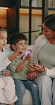 Mother, playing and children at house with toys, imagination and dinosaur roleplay for interaction. Smile, parents or tickling in home with kids, pretend games and prehistoric fantasy for family time