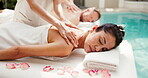 Calm, couple or woman in spa with massage, pamper together or soothing benefits at retreat. Wellness, masseuse or mature people at pool with peace, back treatment or tranquil rest on romantic resort.
