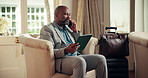 Business, hotel and man in lobby with phone call for networking, internet and travel update. Hospitality, tablet and person on cellphone for conversation, communication and talking for schedule