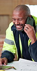 Laptop, smile and phone call with black man in woodworking workshop for lumber or timber supply. Conversation, floor plan and tech with happy mature carpenter in carpentry factory for custom order