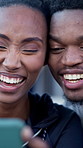 Outdoor, couple and laughing with phone, love and watching comedy with partner and bonding together. Streaming, online and happy people with mobile, internet connection and funny video on website
