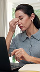 Woman, headache and laptop at house for remote work, grammar error and wrong facts for article. Stress, mature person and migraine in office with tech, plagiarism and submission fail for copywriting