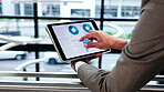 Data analysis, info and hands with tablet screen in office, performance review and scroll research. Browsing, graphs and business person with tech, financial analyst and investment growth on website