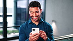 Laugh, phone and business man in lobby for networking, social media and check email communication. Corporate, finance and person on cellphone for connection, internet and chat for contact in office