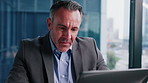 Mature, businessman and research in office with laptop, monitor economy and stock market investment. Person, reading and online trading in workplace with computer, finance plan and problem solving.