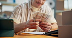 Counting, hands and man with money for accounting, small business management or profit in office. Male person, entrepreneur or finance with cash for company revenue, budget or financial investment