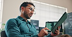 Man, programmer and coding in office with tablet, research and system analysis for cybersecurity. Person, screen or programming in workplace with tech, testing database and script for data protection