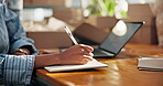 Hands, writing and notebook in logistics office, supply chain management and shipping notes. Person, checklist or agenda for dropshipping information, business quote or details for courier service