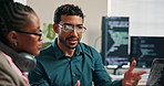 Man, intern and training at web development startup, tech screen and explaining coding system. Algorithm, script or computer software with trainee programmer and mentor to learn problem solving logic