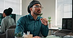 Man, coding and computer in office for programming, research and system login for cybersecurity. Person, reading and coworking in workplace with pc, testing script and backup for software encryption