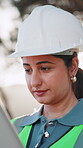 Engineer, online and woman with tablet, outdoor or renovation project with digital blueprint on app. Construction worker, reading and happy person with tech, flare and building schedule on website